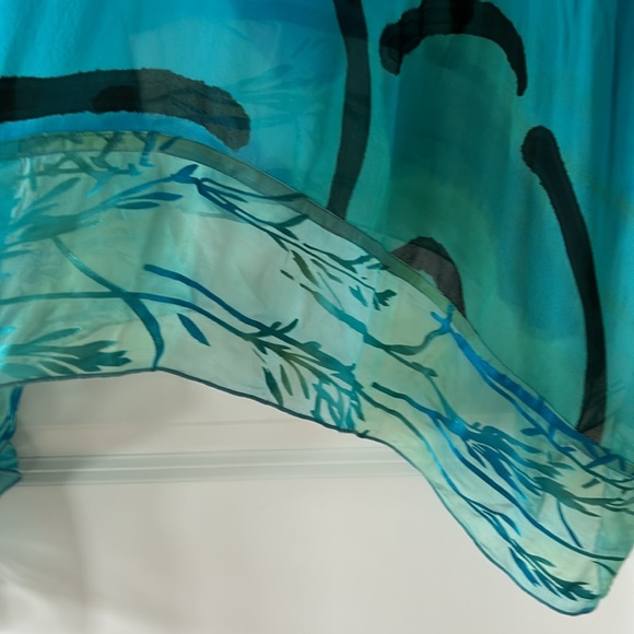 Hand-Painted Signed Open-Front Silk Kimono w Sheer Border Blue Green - Picture 3 of 12